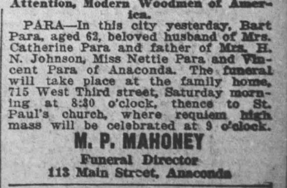 Eggen Family Tree - Bart Para - 1919 - Death Notice